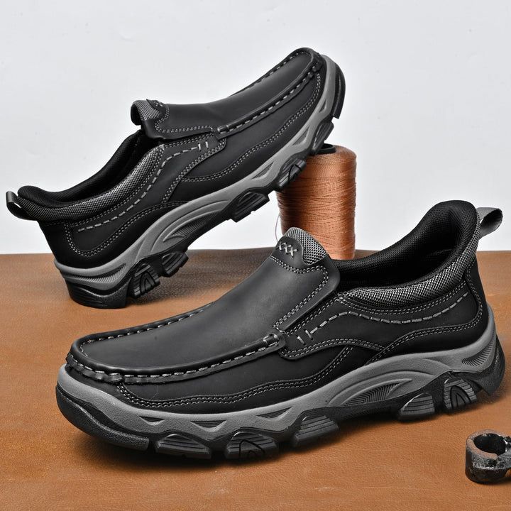 Men's orthopedic slip-on leather walking shoes, emphasizing foot support