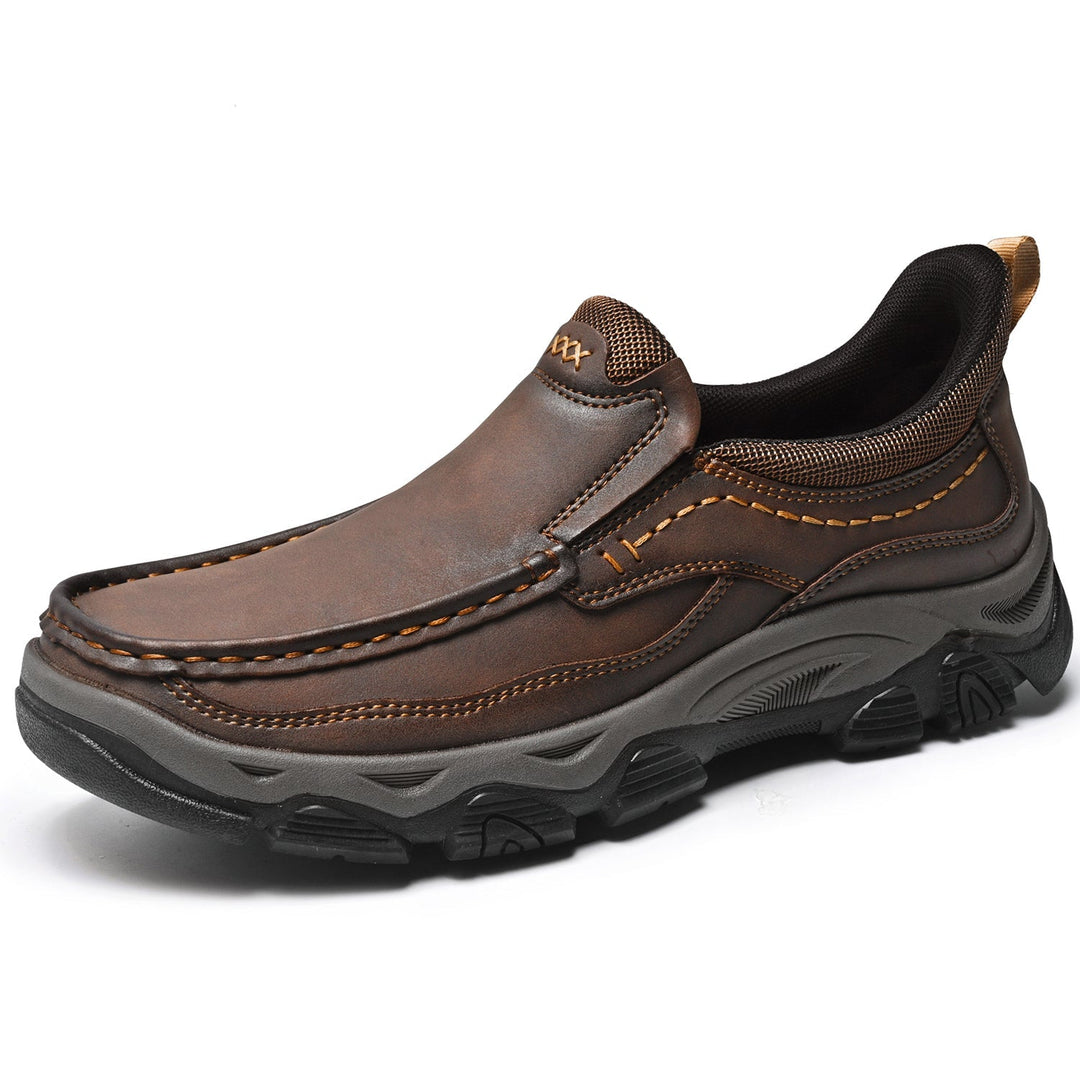 Front view of men's comfort slip-on leather walking shoes, great for hiking
