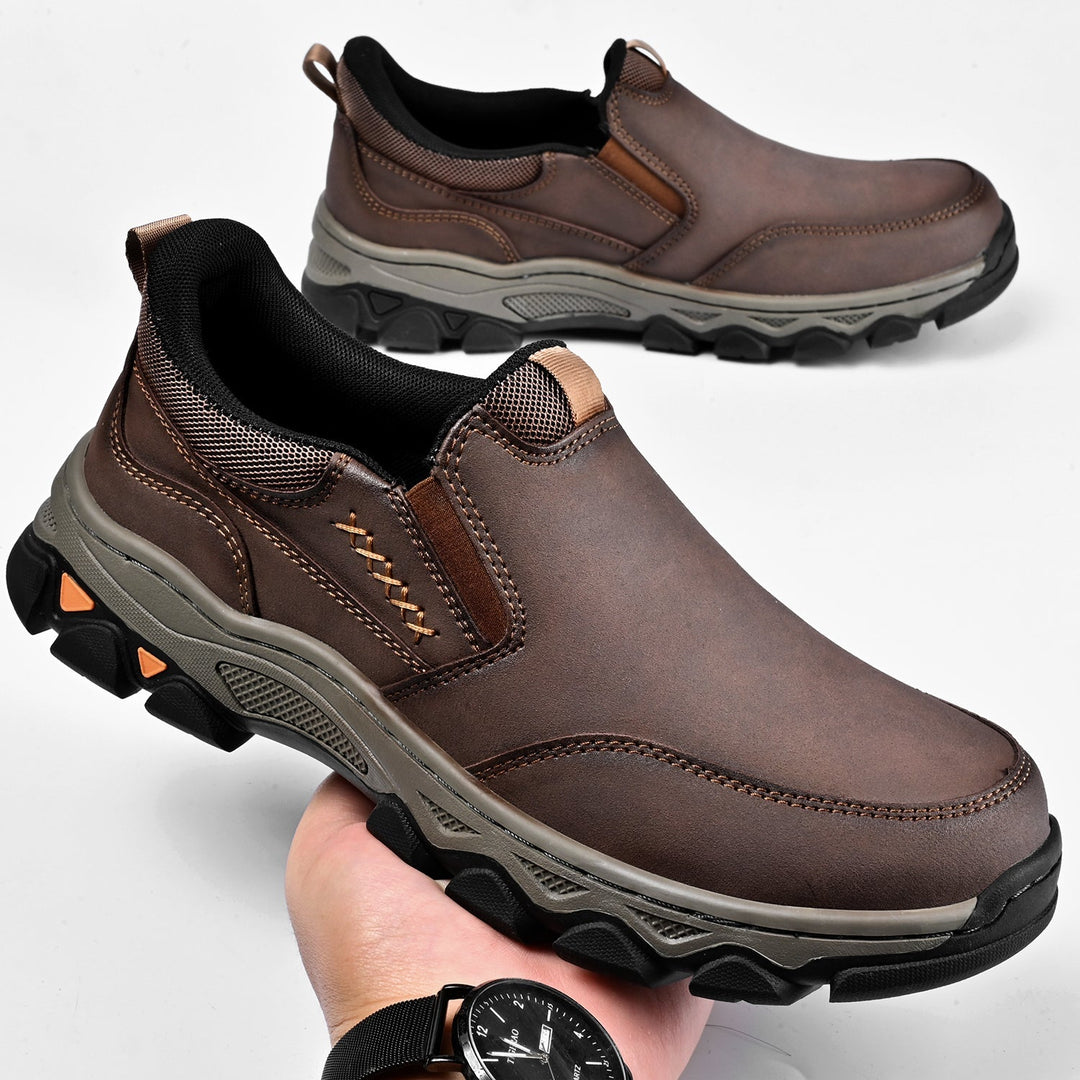 Side profile of men's casual slip-on walking shoes with orthopedic support