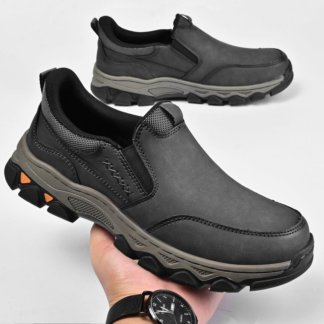 Underside sole of men's orthopedic slip-on walking shoe, showing grip