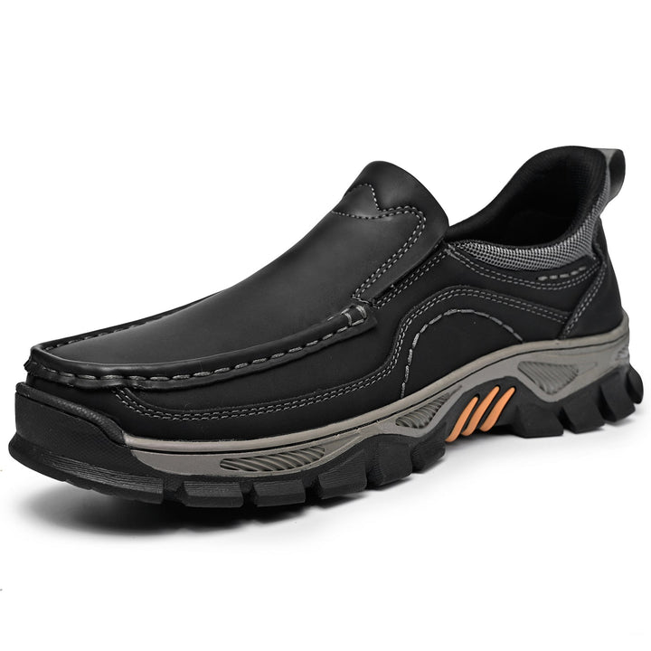 Top-down view of men's orthopedic slip-on leather walking shoes
