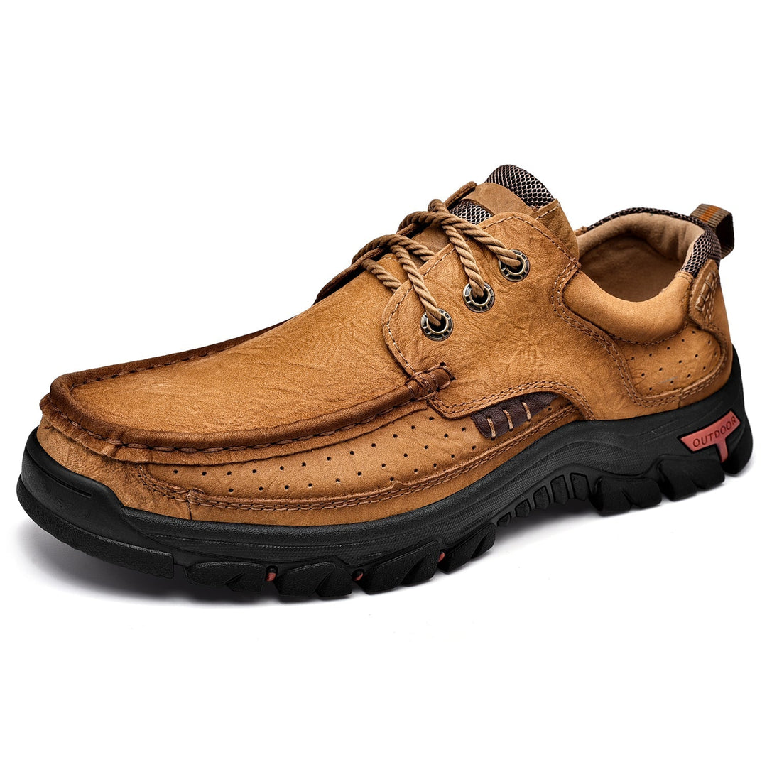Men's Orthopedic Comfort Lace-Up Boots in brown leather, providing supportive outdoor footwear