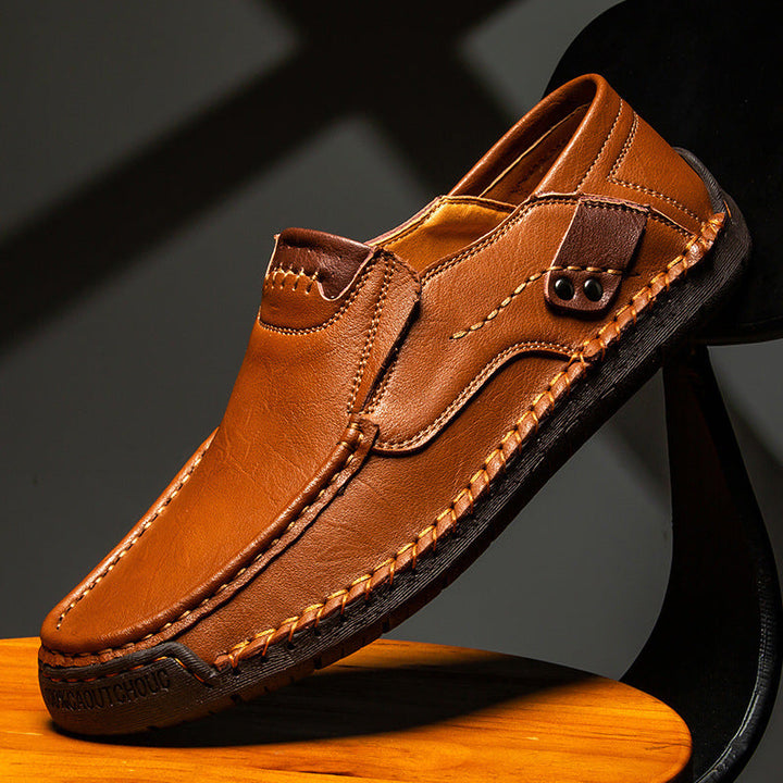 Top view of men's brown leather comfort shoes, ideal for daily wear with orthopedic benefits