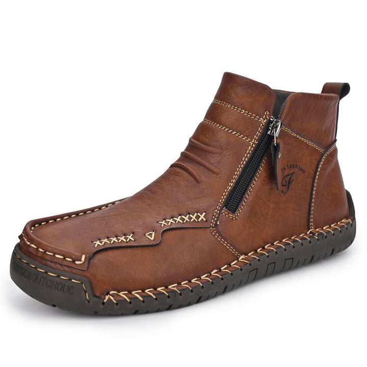 Men's orthopedic outdoor zipper boots, brown leather, front view, comfortable, posture correction