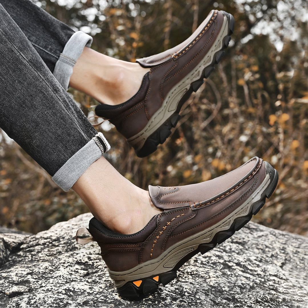 Men's orthopedic walking shoes with a comfortable, easy-to-wear leather slip-on design
