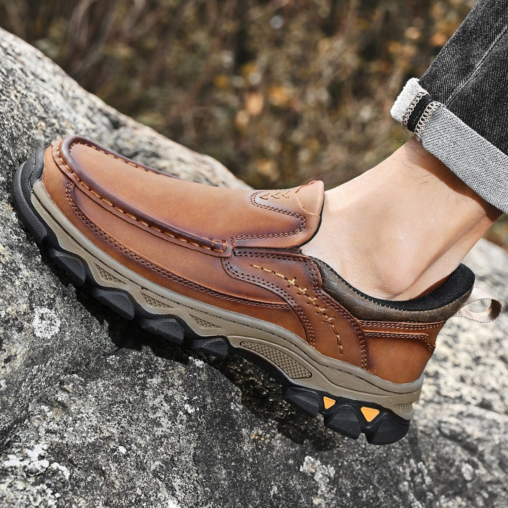 Classic men's orthopedic casual walking shoes in a convenient leather slip-on design