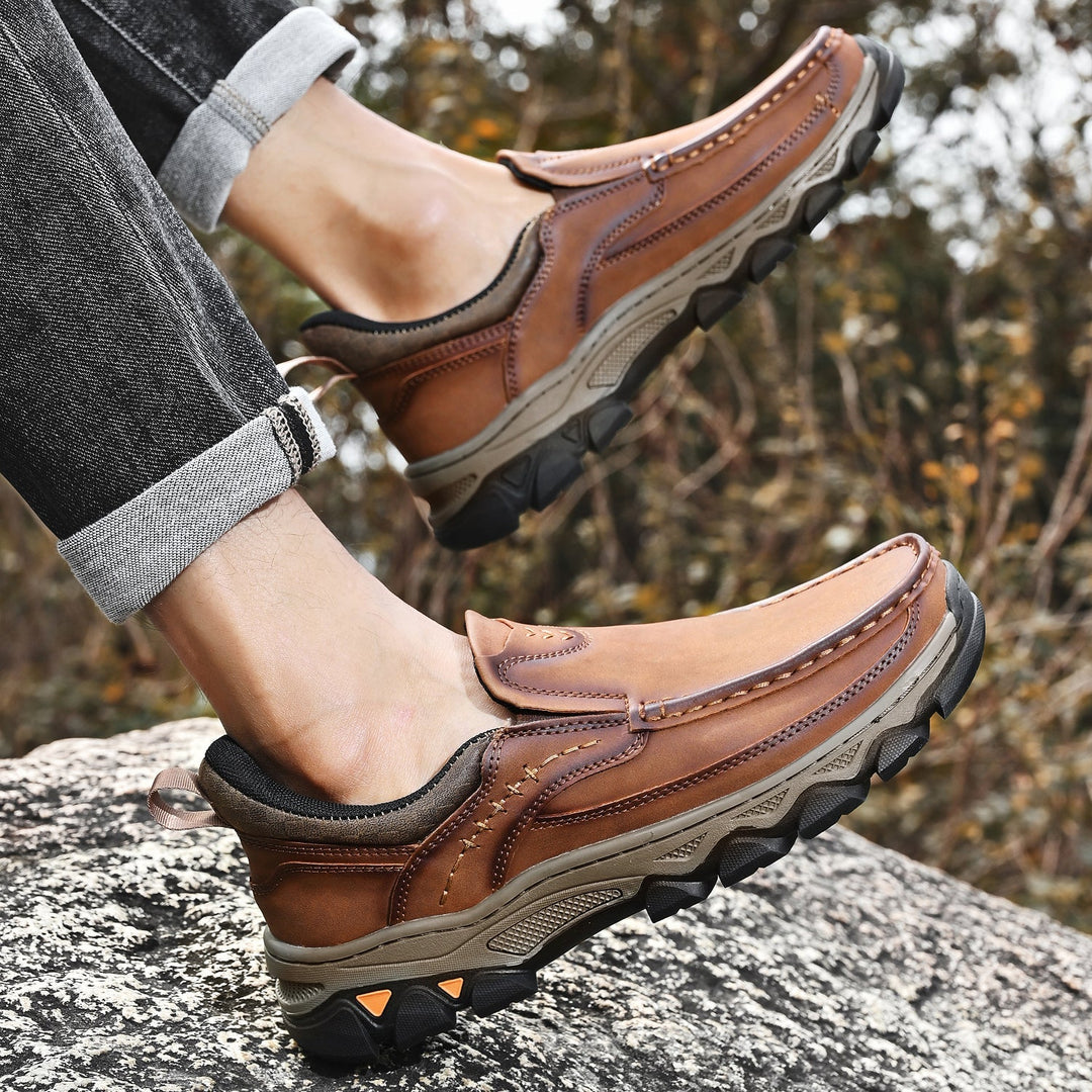 Men's orthopedic slip-on leather shoes, offering a blend of style and walking comfort