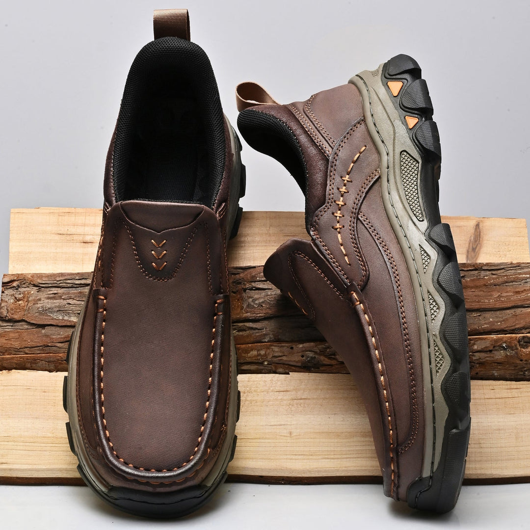 Fashionable men's orthopedic walking shoes in a convenient slip-on leather style