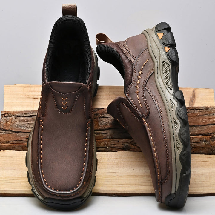 Fashionable men's orthopedic walking shoes in a convenient slip-on leather style