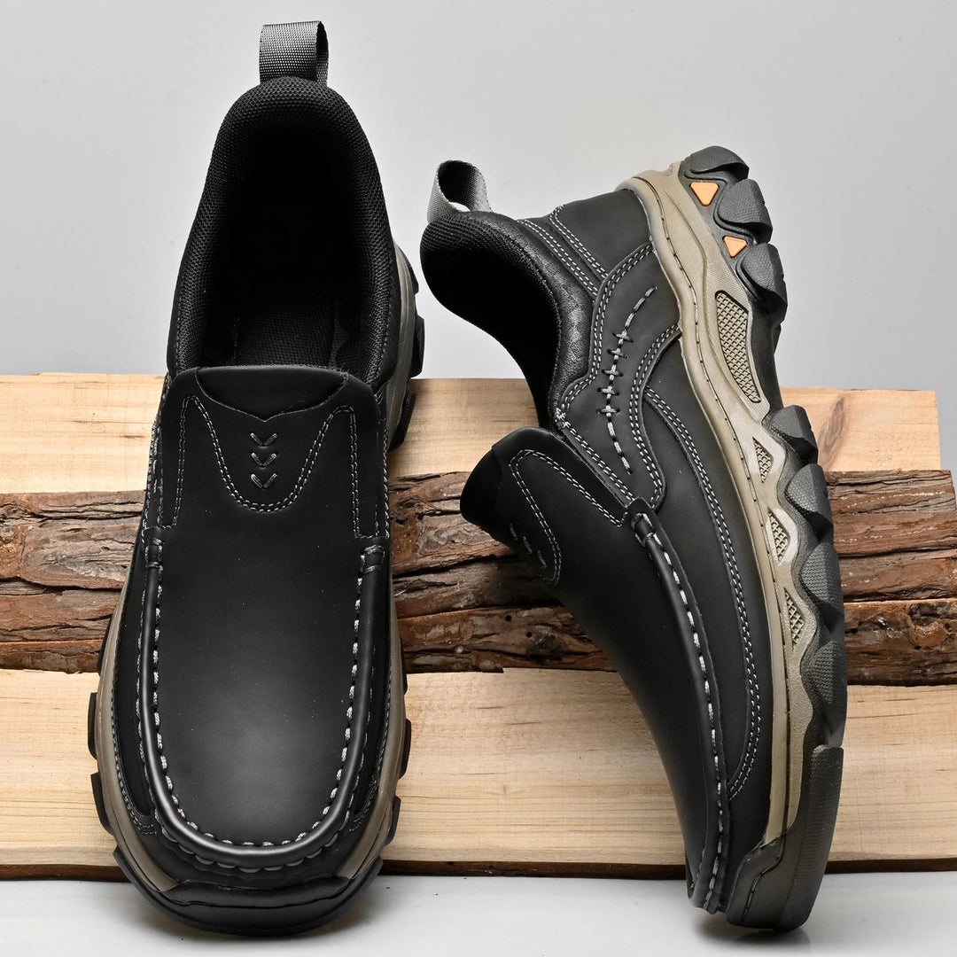Front view of men's durable orthopedic casual leather slip-on shoes for travel