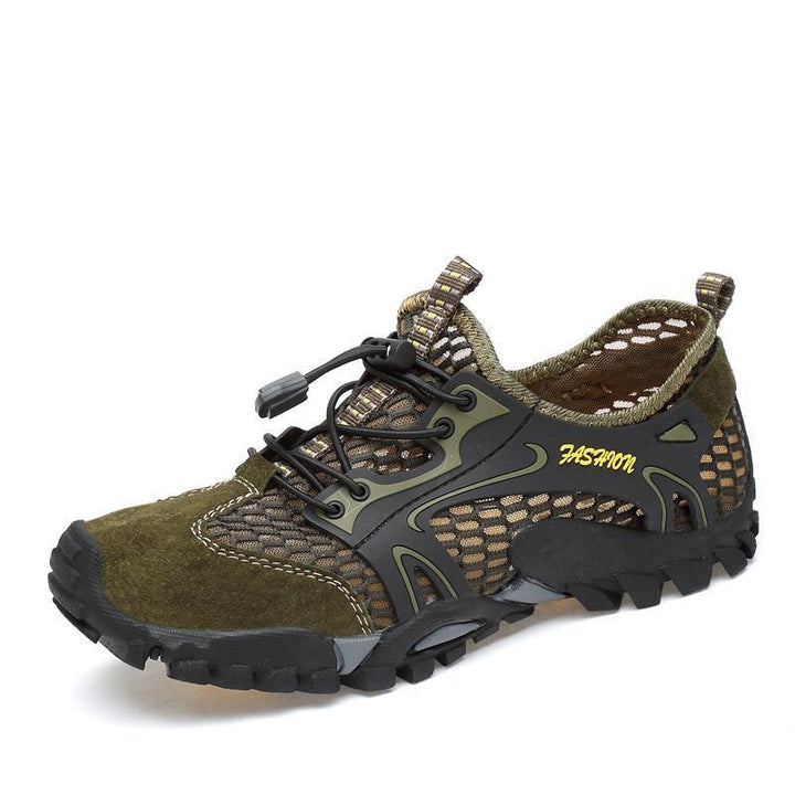 Men's waterproof hiking shoes featured in a forest setting, emphasizing their outdoor utility