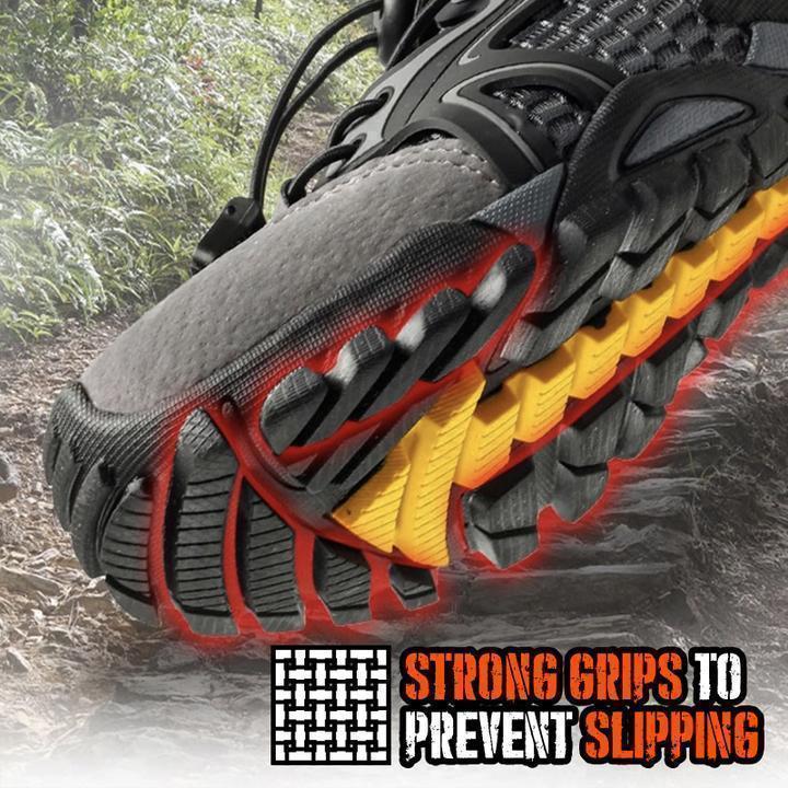 Front view of men's outdoor hiking shoes, highlighting reinforced toe caps for protection