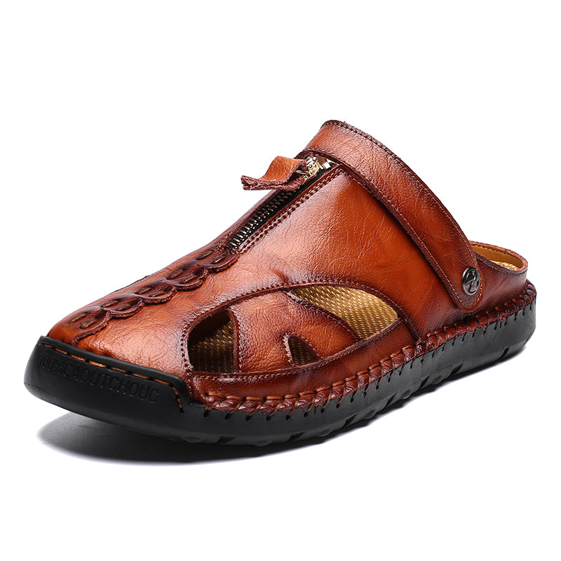 Men's outdoor leather closed-toe beach sandals, brown, side view