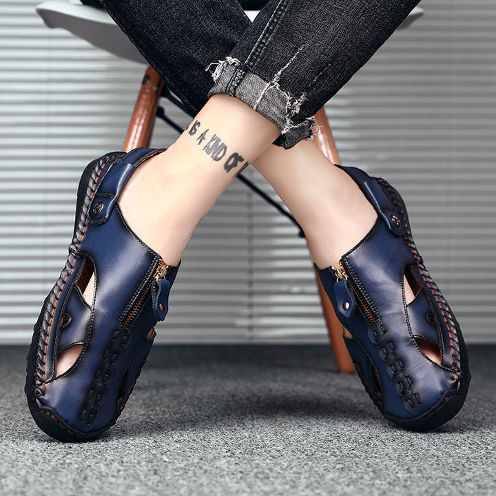 Men's closed-toe leather sandals with cushioned footbed for ultimate comfort