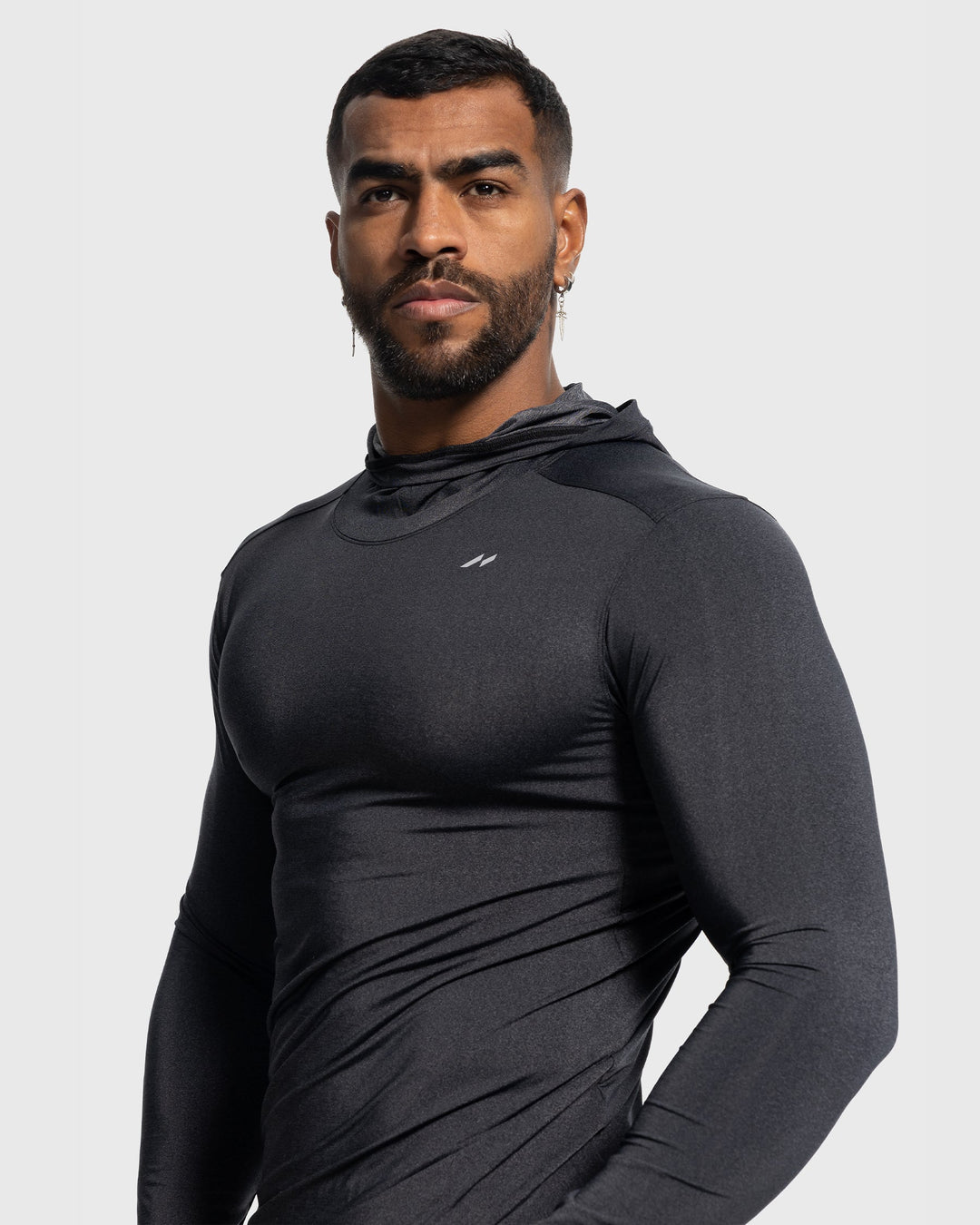 Front view of a men's navy blue performance baselayer hoodie, perfect for gym and sport