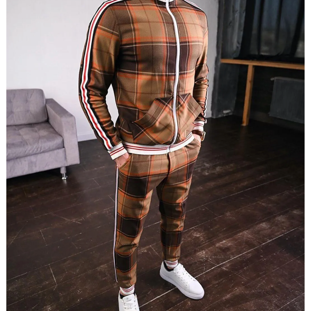 Streetwear-inspired men's plaid tracksuit, a comfortable and fashionable two-piece activewear set.