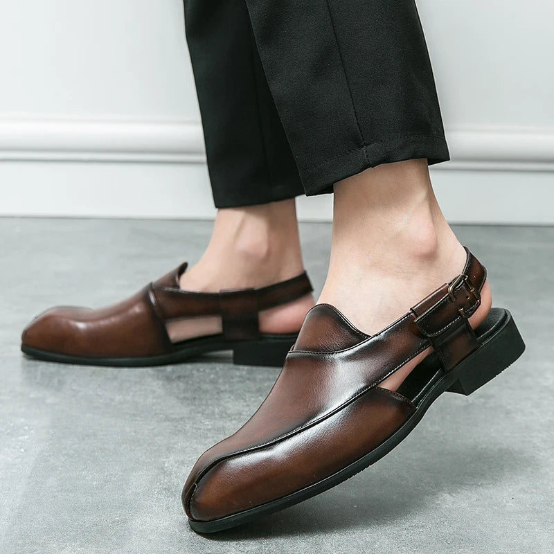 Close-up of polished black leather slingback loafer for men, elegant formal footwear
