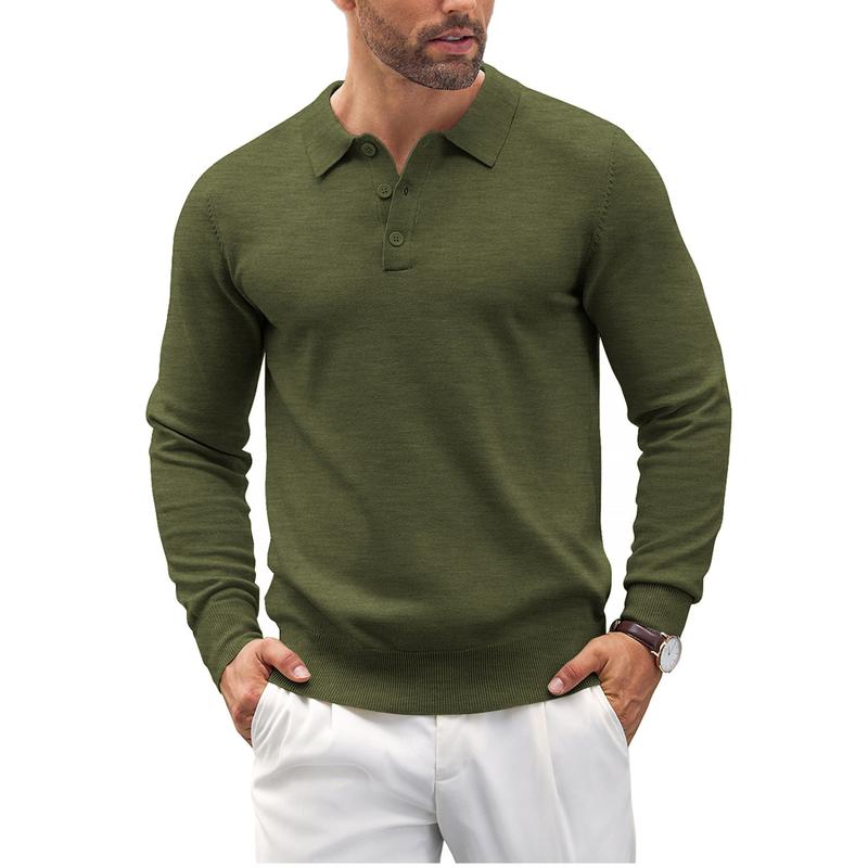 Men's premium beige knit polo sweater, long sleeve, cotton blend, ideal for fall and casual wear.