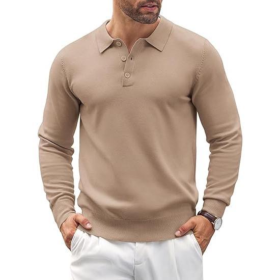 Casual men's pullover sweater, knit polo design in versatile neutral color, suitable for everyday wear.