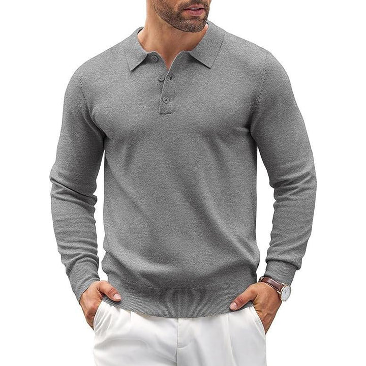 Stylish man wearing a comfortable long sleeve knit polo sweater in a casual setting