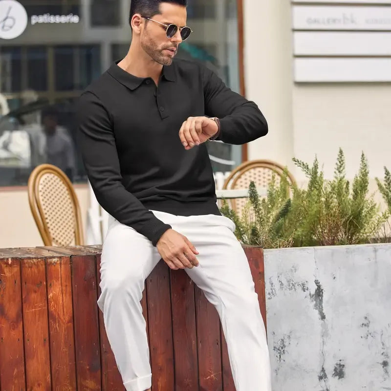 Detail of a men's knit polo sweater collar and button placket, classic smart casual look