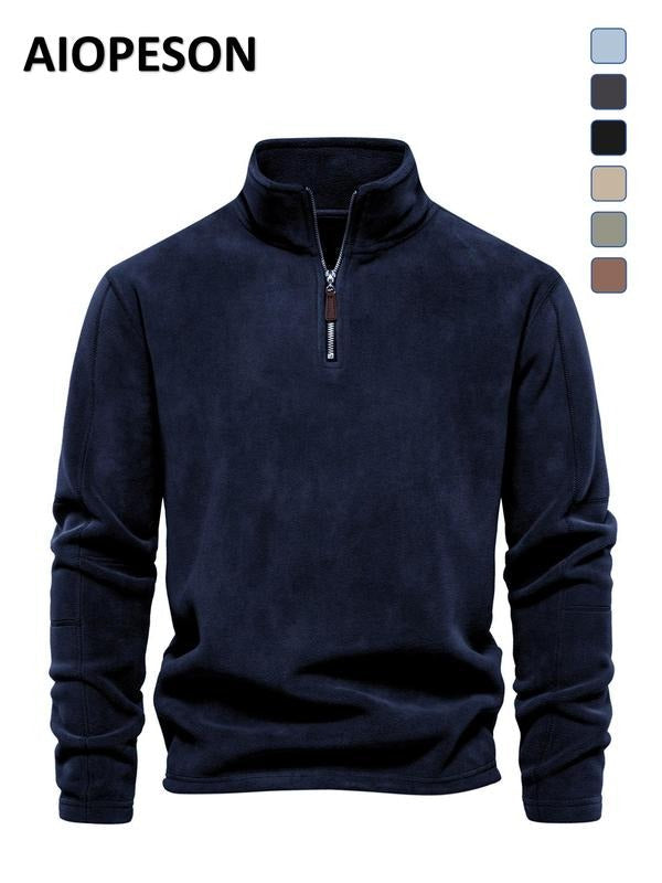 Front view of a men's premium microfleece quarter zip, emphasizing its comfortable and casual design