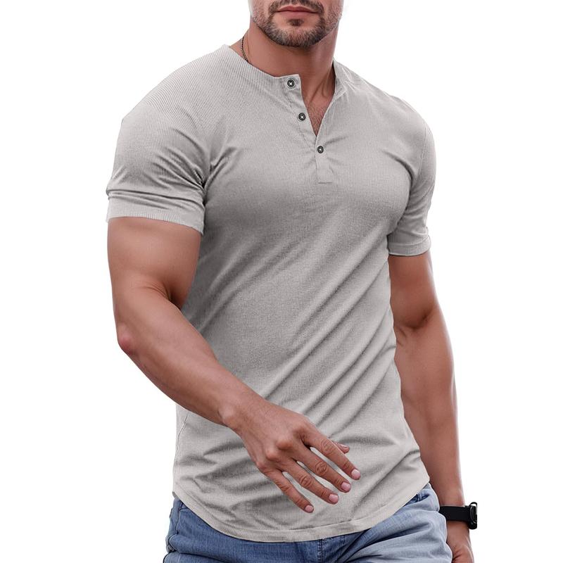 Men's short sleeve Henley tee in premium cotton, side view, highlighting the athletic fit.