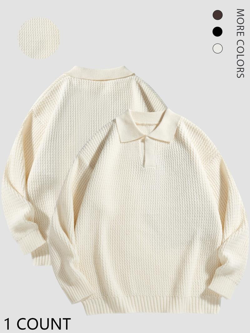 Khaki men's long sleeve knit polo sweater, comfortable cotton blend, perfect for casual wear.