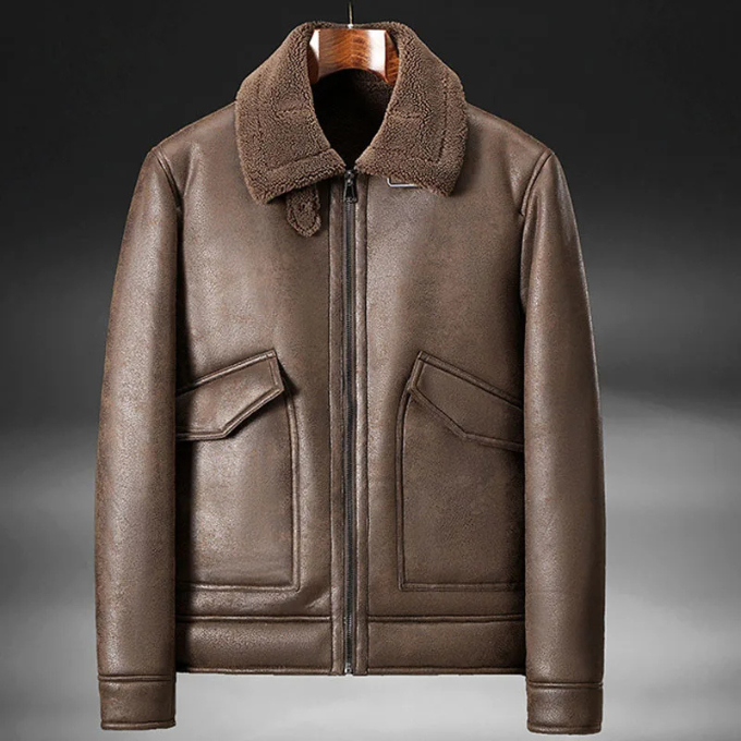Close-up of premium leather aviator jacket's texture and stitching, highlighting quality craftsmanship