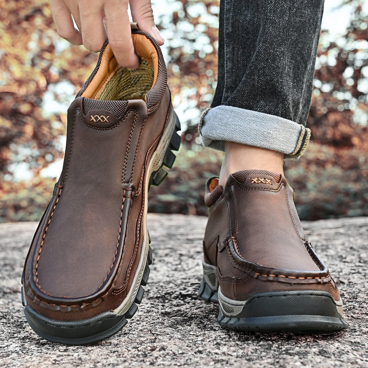 Men's durable slip-on leather shoes, dark brown, designed for casual wear and extended walking comfort