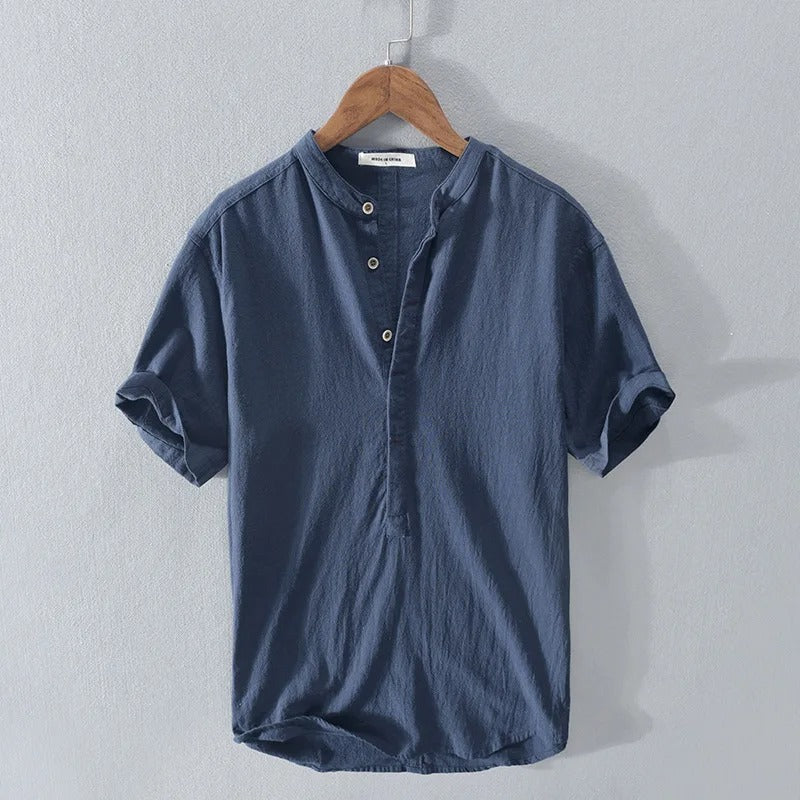 Men's premium linen blend short sleeve shirt, ideal for warm weather and casual summer fashion.