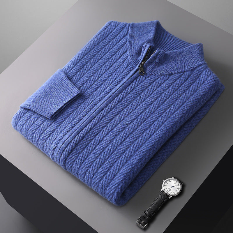Close-up of a men's premium merino wool full-zip cardigan, showing the herringbone knit texture.