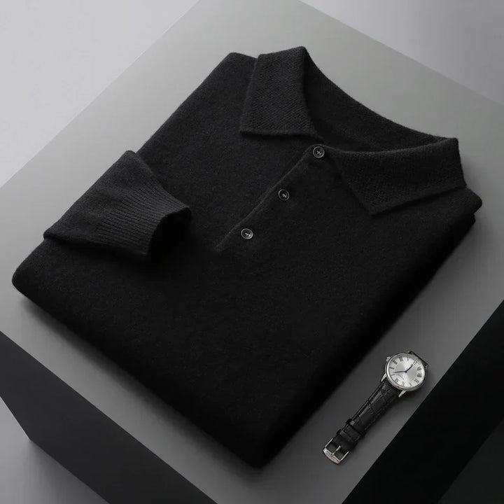 Detail of the collar and buttons on a classic men's merino wool polo, suitable for versatile styling.