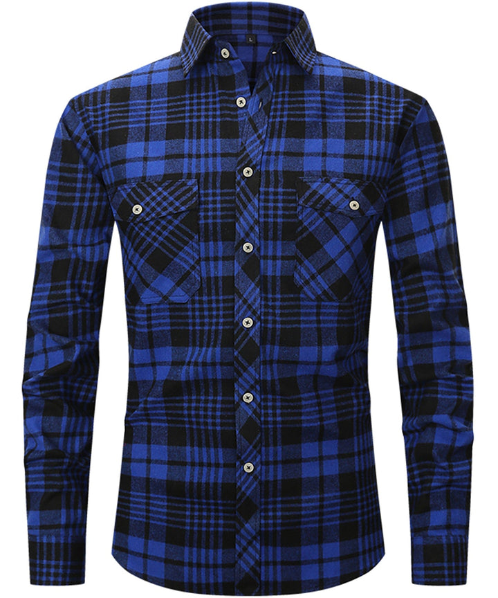 Comfortable men's cotton blend plaid flannel shirt in blue and white for everyday wear.