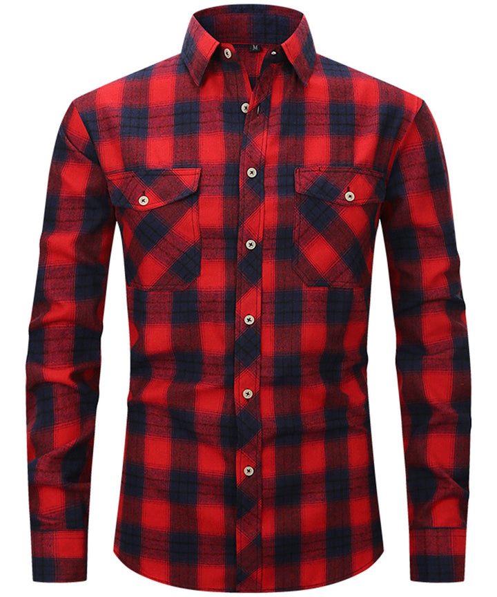 Men's long sleeve plaid flannel shirt in earthy tones, ideal for outdoor and casual wear.