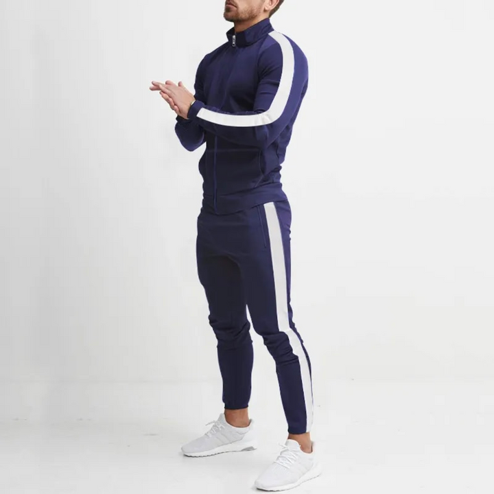 Grey men's two-piece tracksuit, premium polyester activewear for jogging and comfort