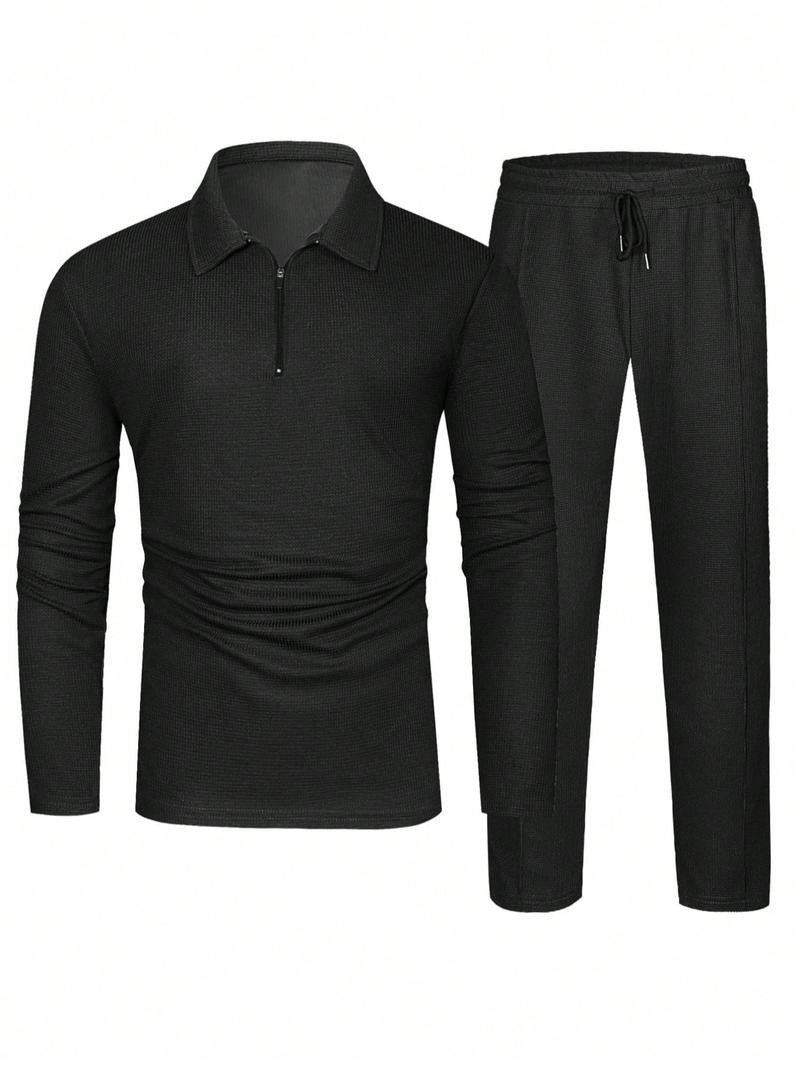 Comfortable men's two-piece lounge set with a textured knit top and drawstring pants for casual wear.