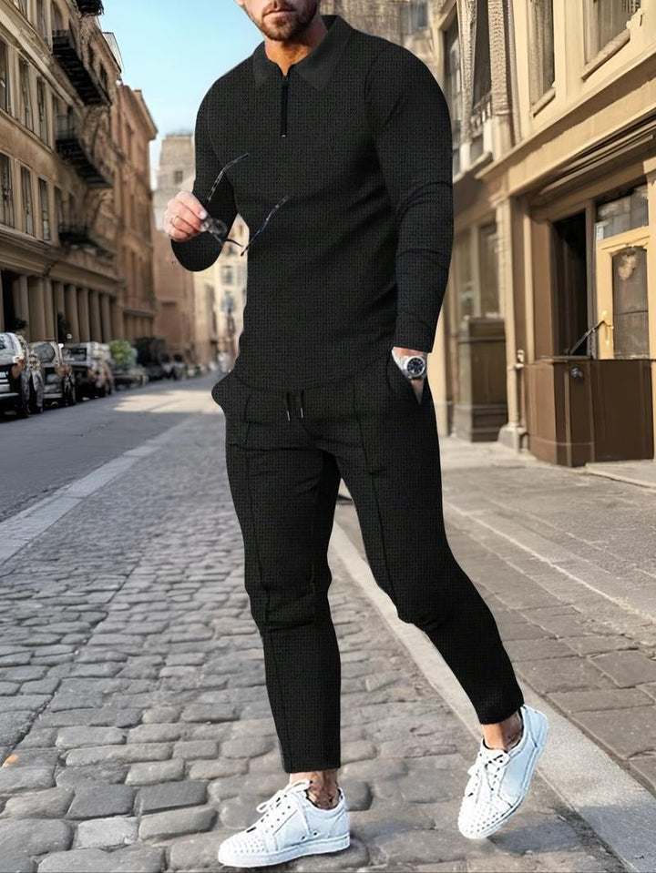 Men's fashion comfort set: a premium textured zip lounge top paired with matching drawstring pants.