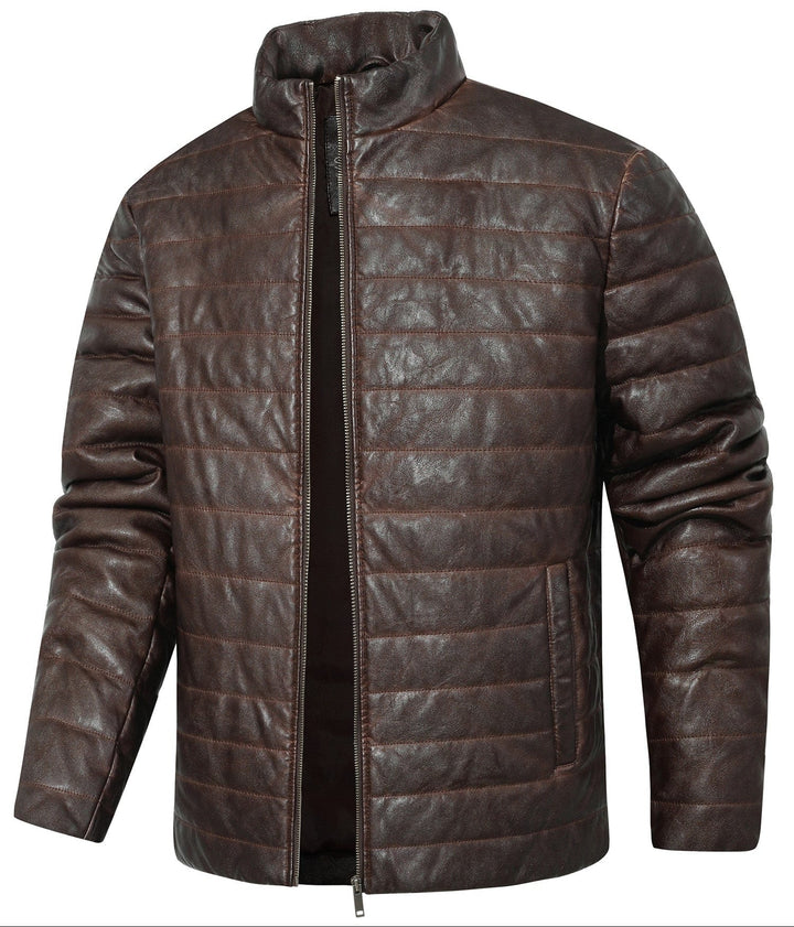 Men's quilted faux leather jacket in rich brown, perfect for stylish casual outerwear