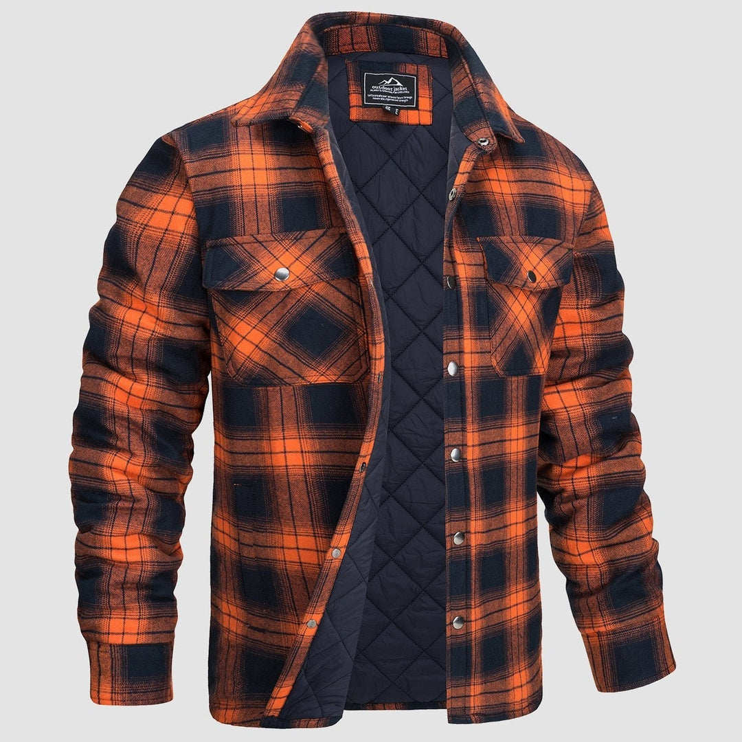 Men's Quilted Flannel Jacket in classic red plaid, perfect for fall fashion and winter wear