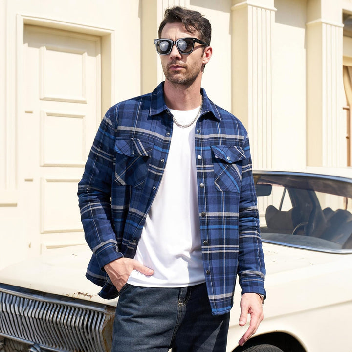 Men's outerwear collection: A Quilted flannel jacket displayed with other fall fashion items