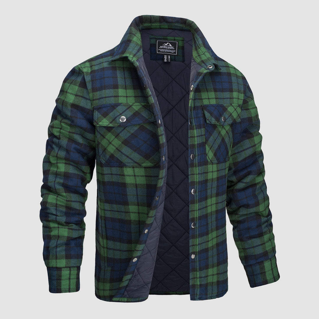 Back view of a men's quilted flannel jacket, highlighting its durable construction for winter wear