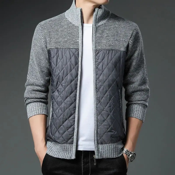 Back view of men's quilted hybrid zip jacket, comfortable wool blend, essential for cool days.