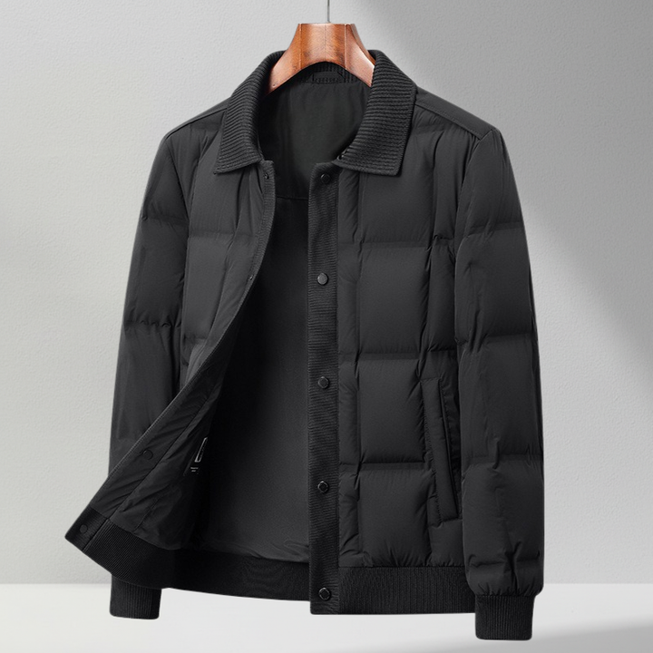 Men's quilted relaxed puffer jacket in black, front view, for winter warmth and casual style