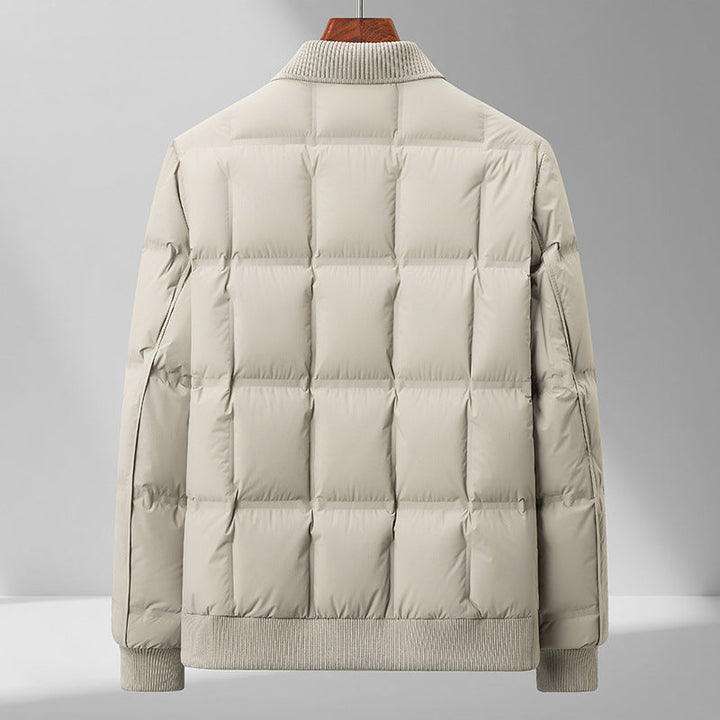 Back view of men's casual quilted winter coat, showcasing relaxed fit and durable outerwear