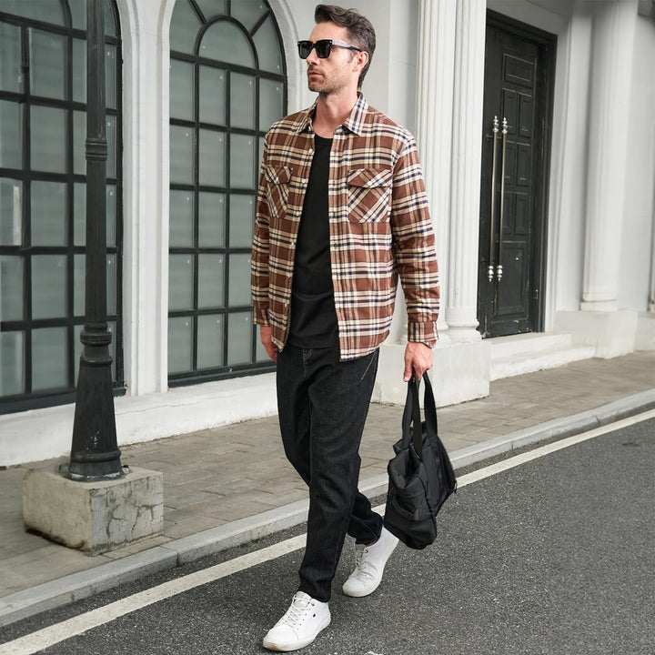 Men's gray and white plaid flannel jacket, fleece lined, offering superior warmth and a classic button-down look