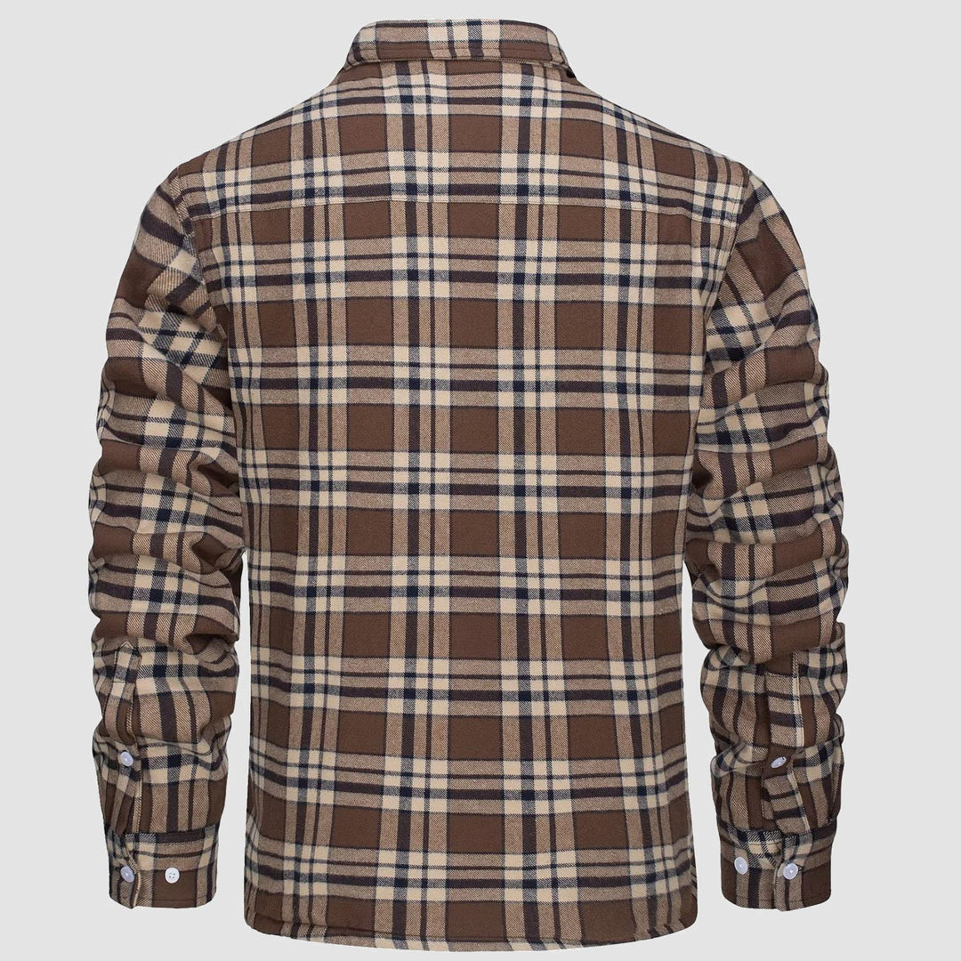 Unbuttoned men's flannel fleece lined jacket, revealing the soft interior, great for layering in fall fashion