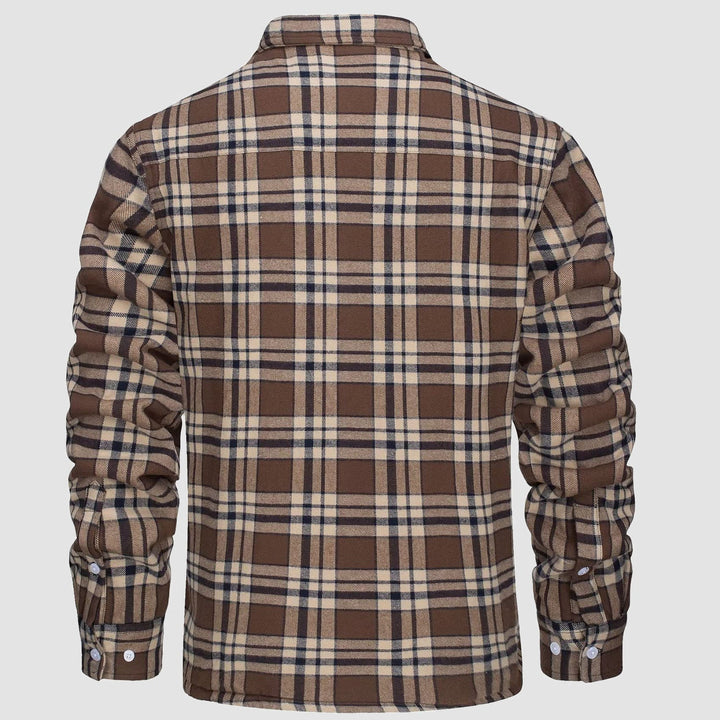 Unbuttoned men's flannel fleece lined jacket, revealing the soft interior, great for layering in fall fashion