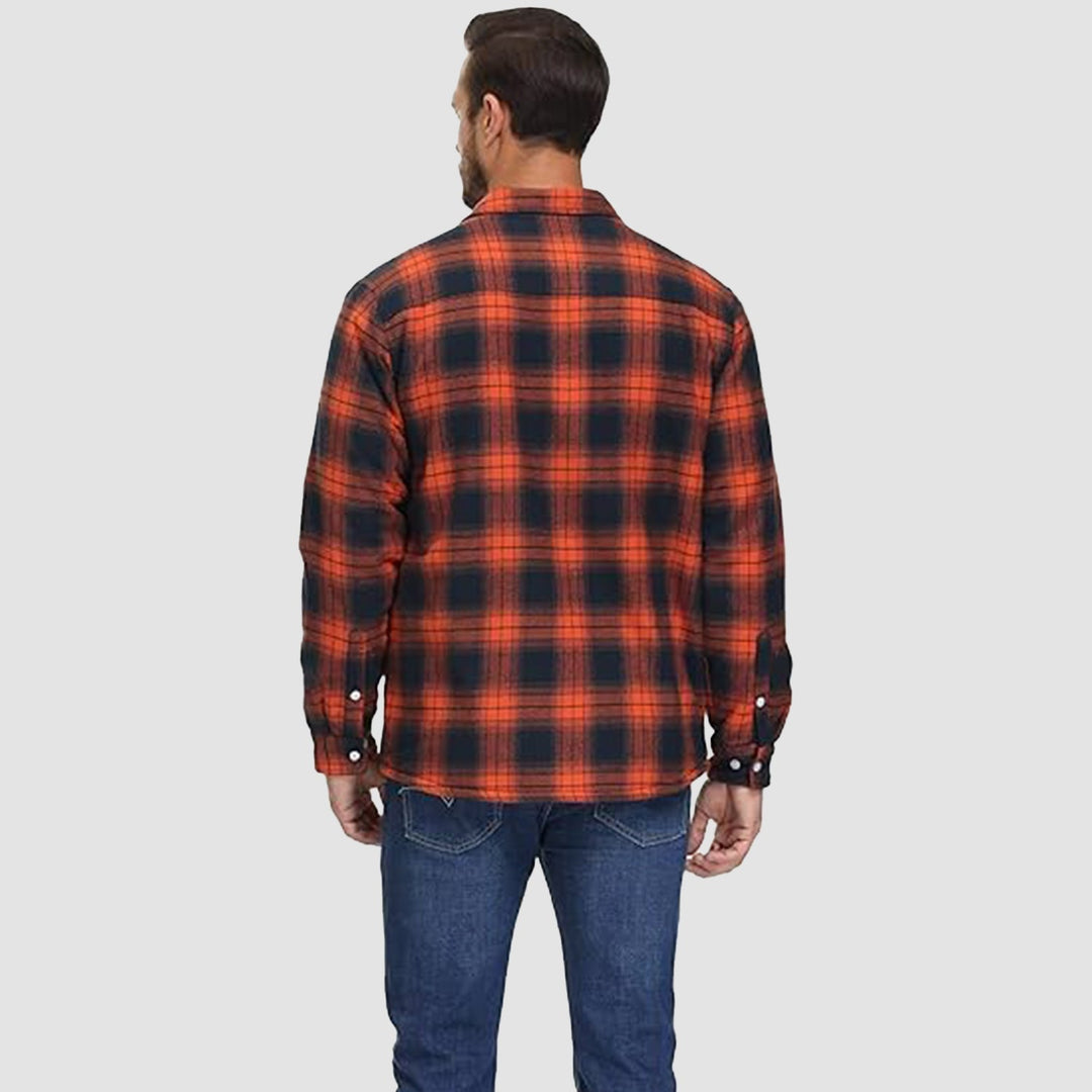 Men's red plaid flannel jacket with brown fleece lining, a stylish and warm button-down winter outerwear option