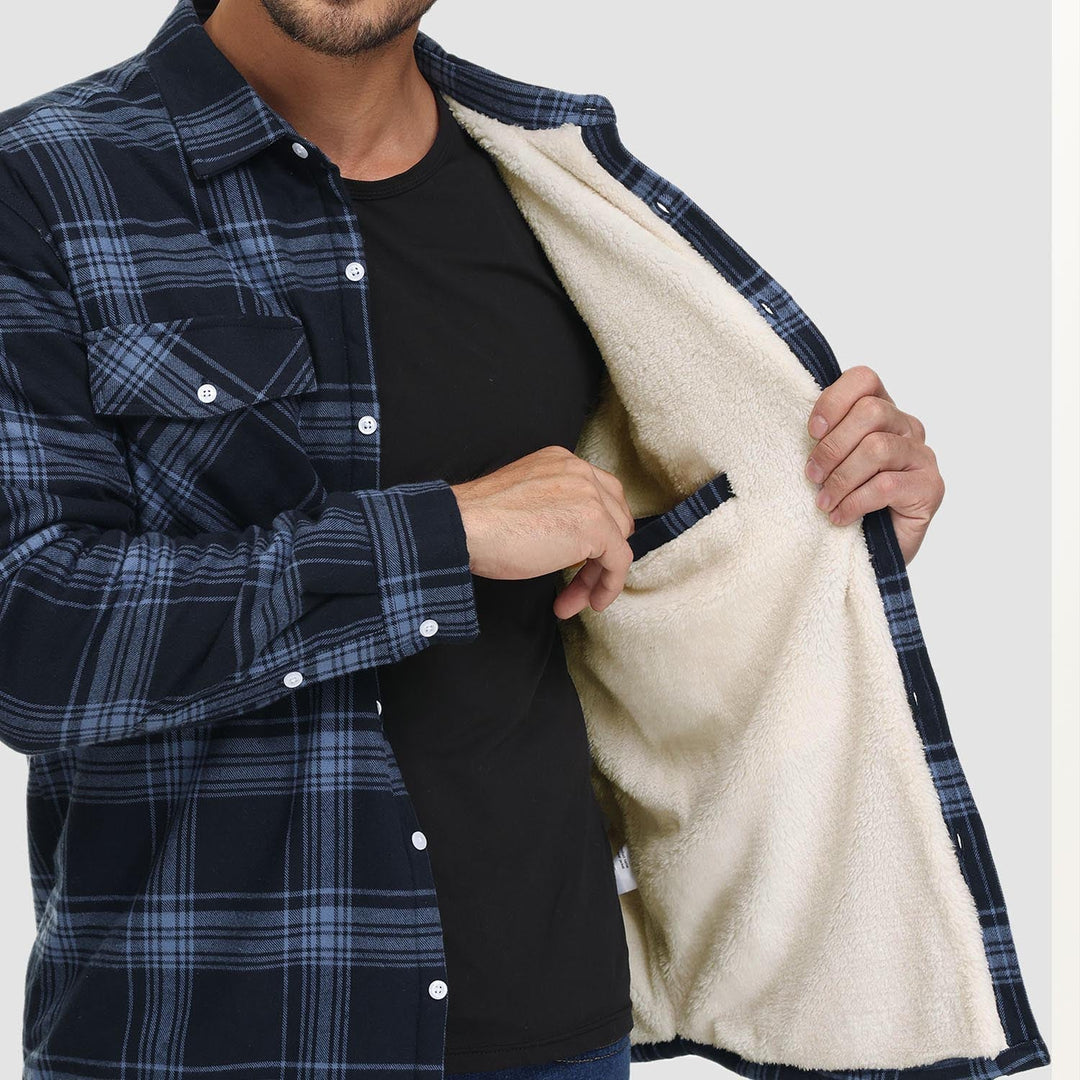 Men's outdoor fall fashion look featuring a durable flannel button-down fleece lined jacket for warmth